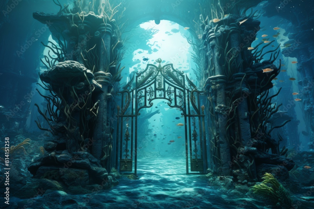 Poster discover the enchanting and mystical world of the submerged ancient underwater gateway in this imagi