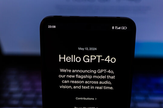 GPT-4o chat bot on mobile screen. New OpenAI flagship model that can reason across audio, vision and text in real time