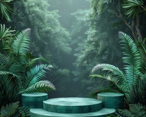 The lush green foliage of the jungle surrounds a simple marble pedestal, inviting viewers to place their products or ideas on display.