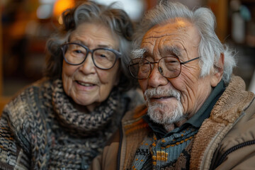 An elderly couple is sitting close to each other and smiling at the camera. The woman is wearing glasses and a scarf. The man is wearing glasses and a brown jacket.