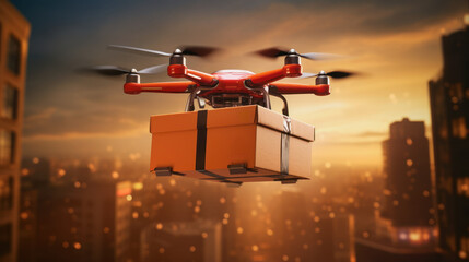 illustration of a drone delivering a box in a metropolis