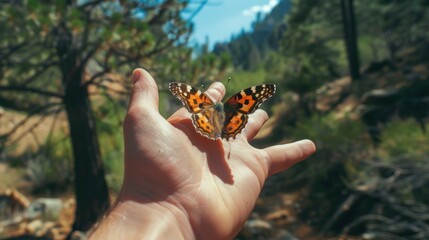 realistic image of a butterfly perched gracefully on the hand. AI generated
