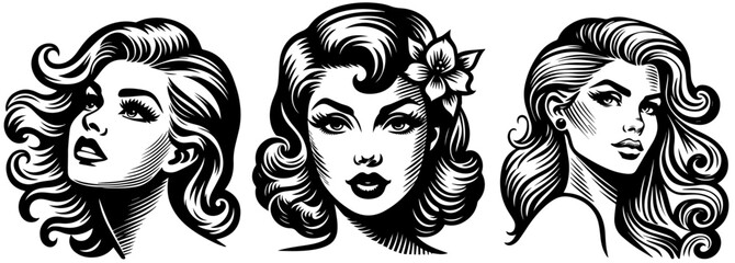 head woman portrait retro style pin-up sketch, hand hatching, beautiful young pinup girl vector black decorative laser cutting engraving stroke shape
