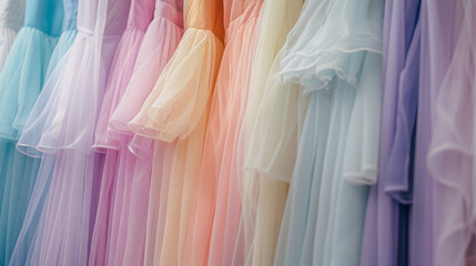 Muitos vestidos formais elegantes em cor pastel à venda em boutiques modernas de luxo. Vestido de baile, casamento, noite, vestidos de dama de honra detalhes do vestido. Aluguel de vestidos.