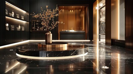 Obraz premium The photo shows a modern and luxurious hotel lobby. There is a large marble floor with a round golden table in the center.