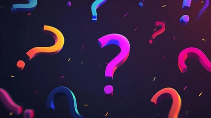 Naklejka premium A vibrant background featuring colorful, 3D question marks in shades of orange, pink, blue, and purple against a dark, starry backdrop. Confetti-like accents add a festive touch.