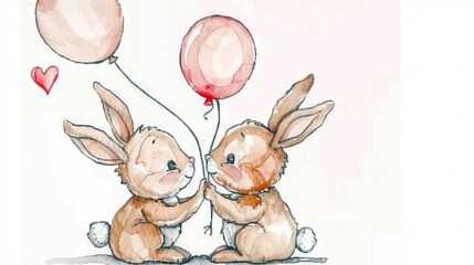   Two rabbits sit on a white background with a heart-shaped balloon between them