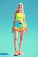 a digital art of, a beautiful kpop female singer,  neon tank top and skirt, blond , standing , background, solid sky blue, Full body, facing front, trendy kpop singer style