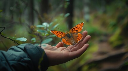 realistic image of a butterfly perched gracefully on the hand. AI generated