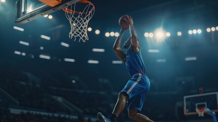 dramatic action Professional basketball team player running to score on the hoop with statistical analysis datum, sport success banner concept with copy space.