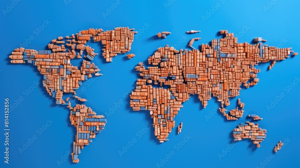Poster world map constructed from colorful shipping containers. the containers are arranged on a flat, blue