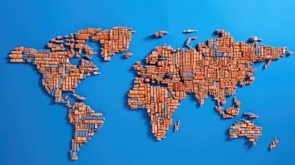 World map constructed from colorful shipping containers. The containers are arranged on a flat, blue background to depict the continents and oceans of Earth. World map made from container. AIG35.