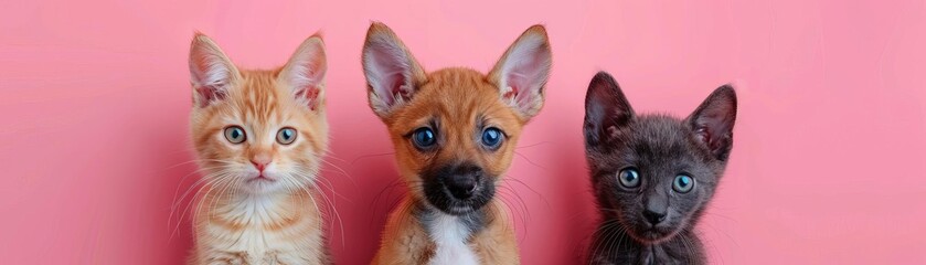 Obraz premium Three cute kittens of different colors are sitting in a row on a pink background.