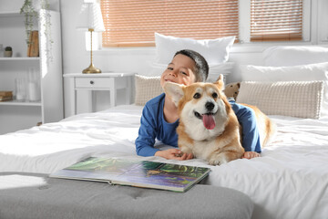 Little happy Asian boy reading book with cute Corgi dog on bed at home