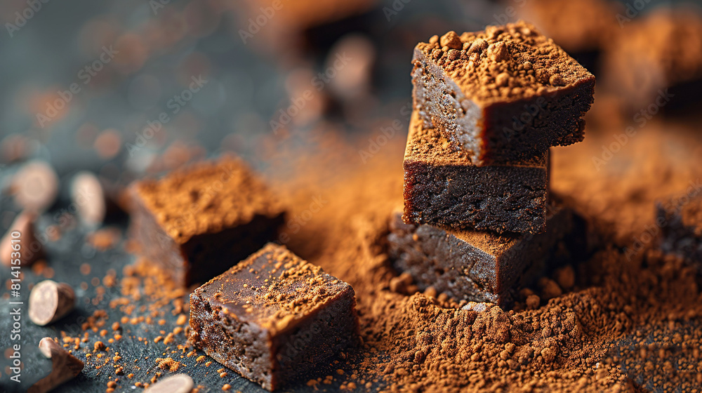 Poster a brownie stack is resting beside a nut heap and a cup of joe on a tabletop