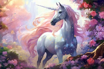 Digital art of a majestic unicorn in a vibrant, floral woodland scene
