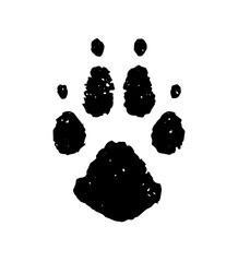 Paw print dog, wolf, tiger or cat. Pet prints. Footprint icon. Black foot puppy isolated on white background. Paws nail shape. Silhouette walks. Animal design. Draw wild walk. Muddy trace feet. Vector © Omeris
