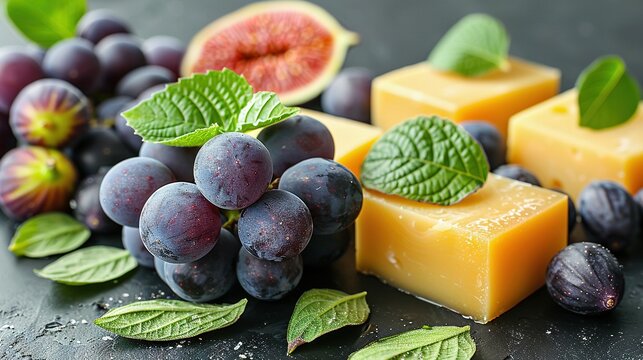   Fruit arrayed atop table, adjacent to cheese block and sliced fruit