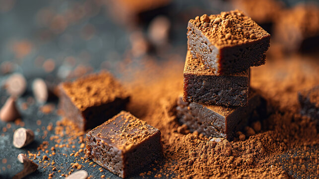   A brownie stack is resting beside a nut heap and a cup of joe on a tabletop