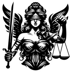 Goddess of justice Themis, woman minimalist simple logo style thick line solid stroke, vector black on white background