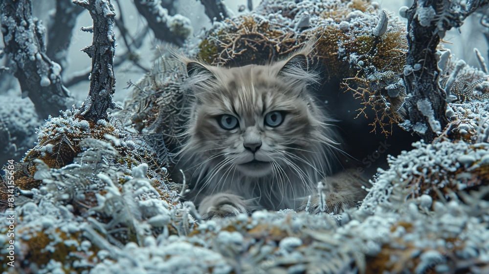Poster a close-up of a cat in a snowy bush surrounded by trees and bushes