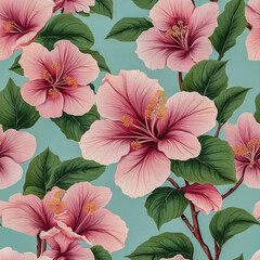 Seamless pink hibiscus flowers pattern on mint green background, realistic style, minimalism. Generative ai