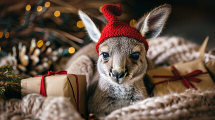 A lovable baby kangaroo with a red Christmas cap peeking out curiously from its mother's pouch with presents nearby