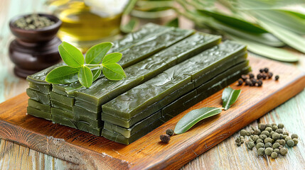  A wooden cutting board holds green tea slices and green leaves alongside peppercorns