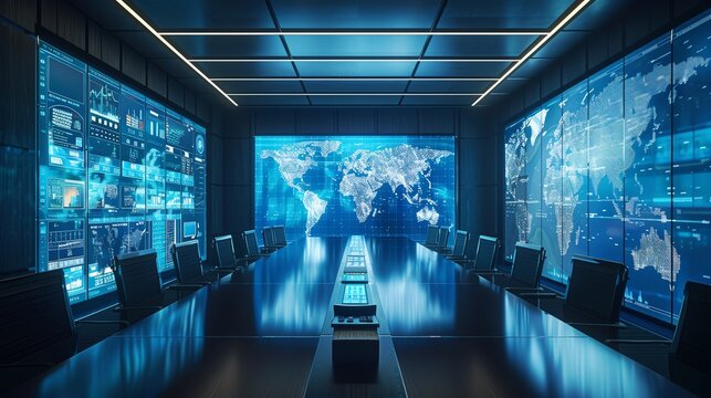 An intense boardroom scenario where professionals are engaged with multiple digital screens showing real time risk analytics and global financial