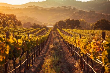 Golden sunset light bathing a lush vineyard on a warm summer evening