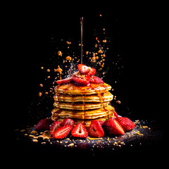 Stack of pancakes with strawberries on top of them and syrup pouring out of the top.