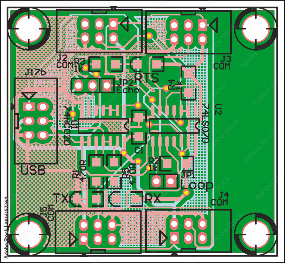 Poster vector printed circuit board of electronic device with components of radio elements, conductors and 