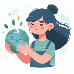 Girl holds globe in her hands. World environment day. Caring for Earth