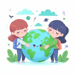 Children holding globe in hands. World environment day