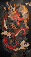 Textured Chinese dragon with flames