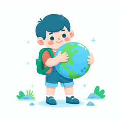 Boy holds globe in his hands. World environment day