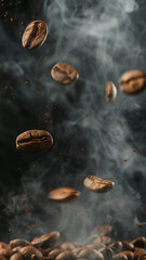 Coffee Beans in Flight Against Dark Backdrop