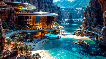 Futuristic building with pool in the middle of mountain area with waterfall in the background. - Powered by Adobe