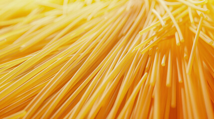 A close-up view of uncooked spaghetti, highlighting the texture and golden color.