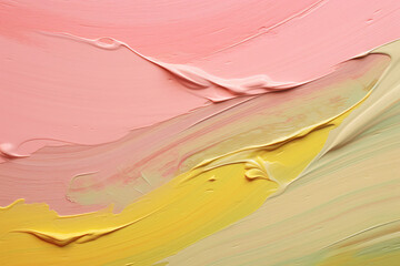 Close-up of textured paint strokes in pink, yellow, and green creating an abstract art piece.