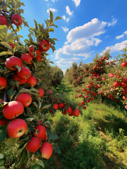 A lush apple orchard under a clear sky, ripe red apples hanging from green branches.