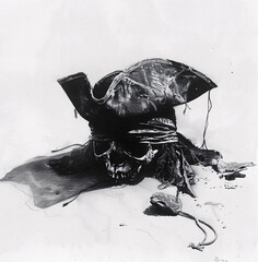 Ominous pirate skull wearing a tattered tricorn hat, with cloth wrapped around it, against a white background.