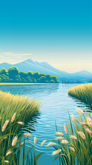 A serene lake with mountains in the background, surrounded by lush greenery under a clear blue sky