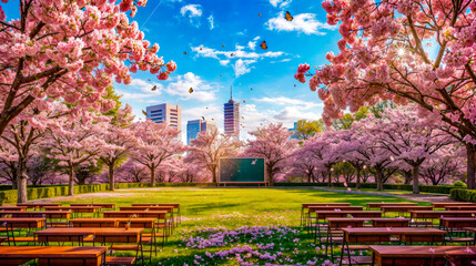 Park filled with lots of wooden benches under blue sky filled with lots of pink flowers.