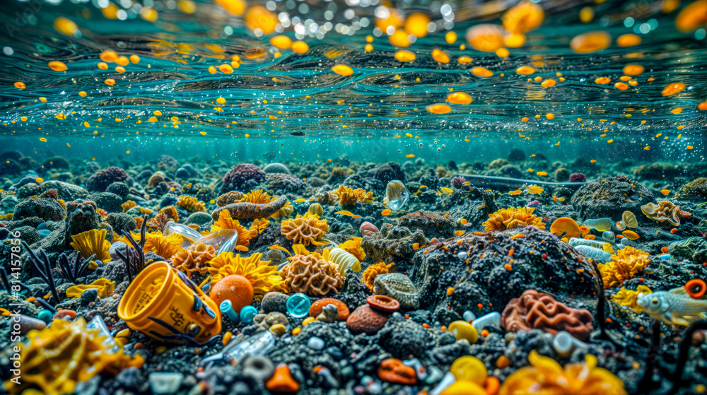 Poster underwater view of coral reef with many different types of corals.