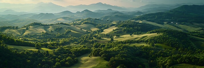 Aerial view of a beautiful mountain landscape, with hills full of green trees and a small valley, Autumn season in Italy realistic nature and landscape