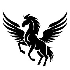 pegasus logo design cartoon, horse with wings black and white vector hand-drawn illustration in a bold graphic style, simple shape silhouette