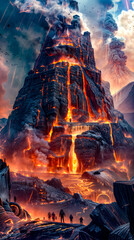 Painting of mountain with lava pouring out of it's sides.