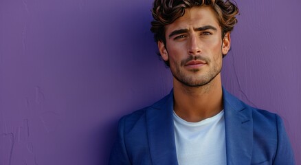 Fototapeta premium Man in Blue Jacket Leaning Against Purple Wall