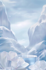 Snowy peaks surround a serene pool, with crystalline formations adding a magical touch.